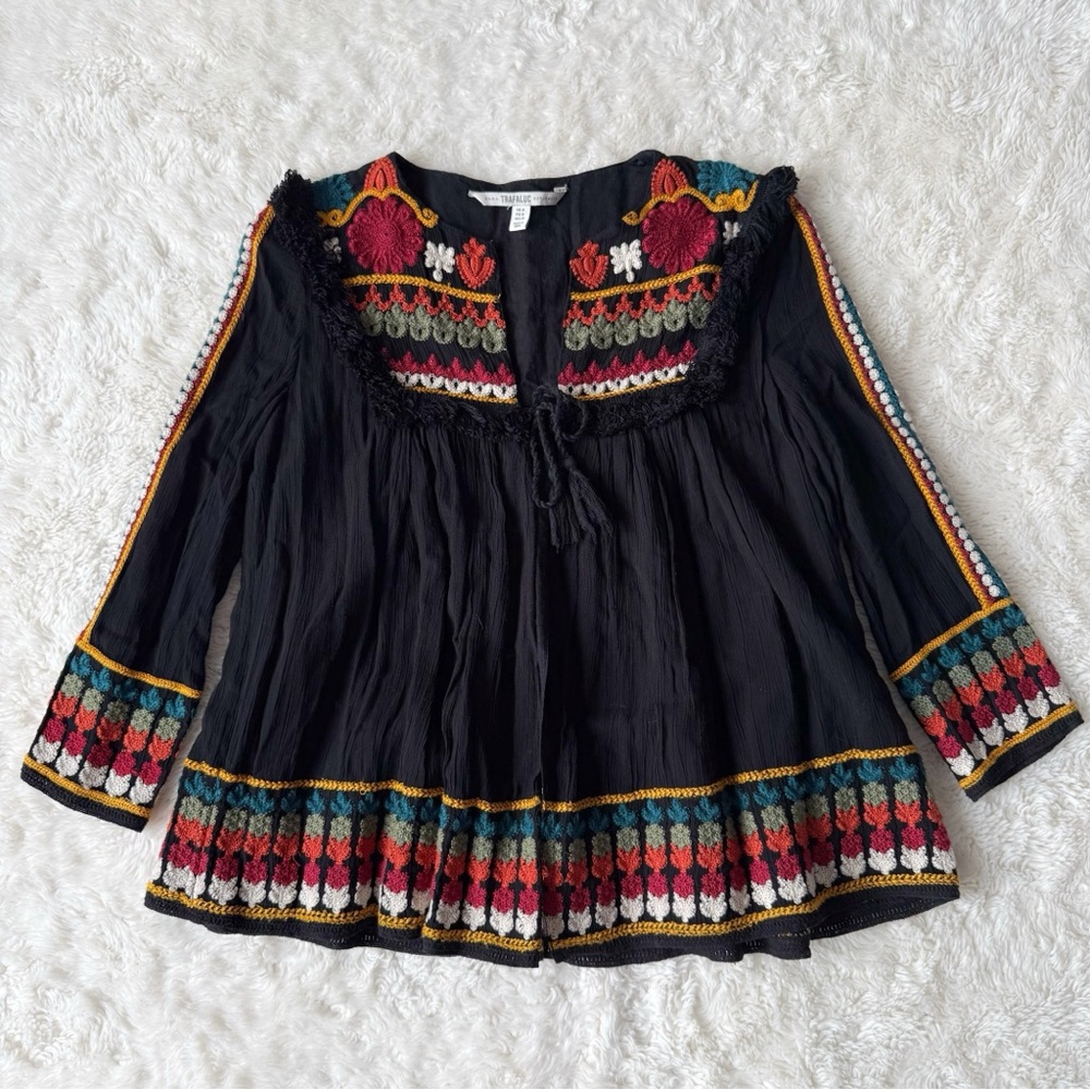 Zara Black Embroidered Boho Peasant Blouse with Multicolor Accents